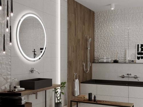 Okroglo ogledalo za kopalnico s polico in osvetlitvijo C4